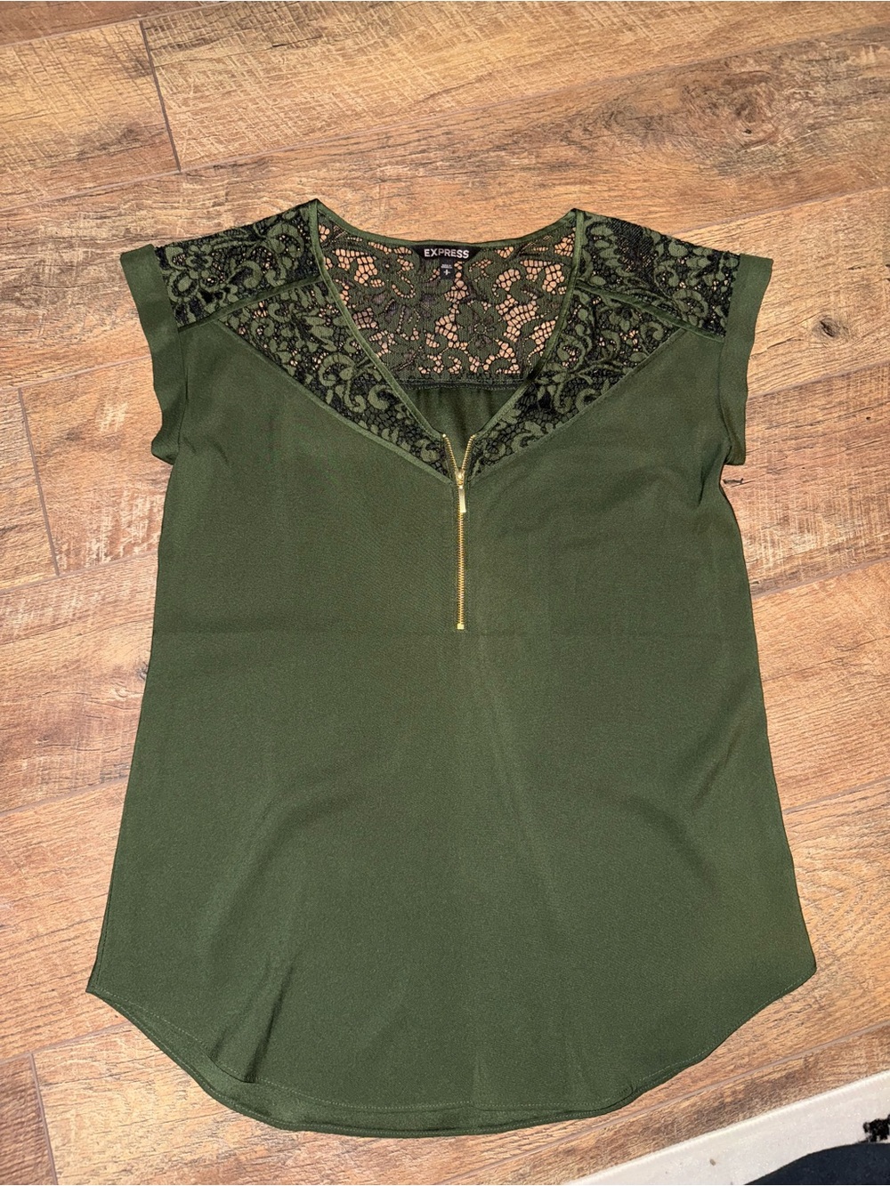 Express Olive Lace Yoke Zip Front Top